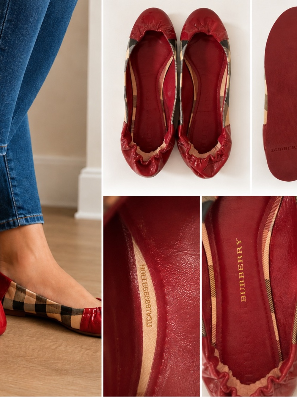 Burberry Red Leather Check Ballet Flats